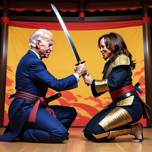 Prompt: create an image of Joe Biden and Kamala Harris as Samurai, Joe Biden on one knee seeming tired and passing a sword on to Kamala Harris who looks invigorated. Do it in an illustrated comic book superhero style.