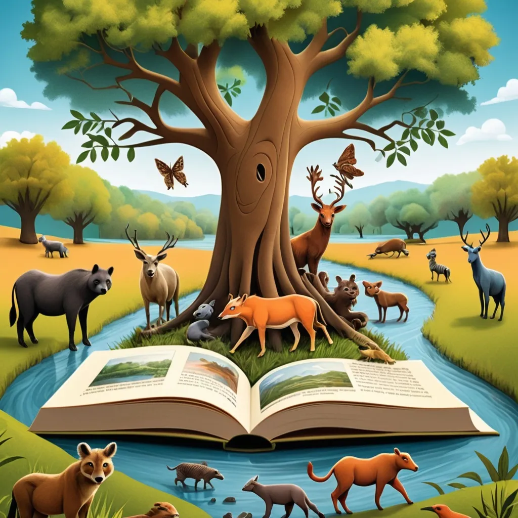 Prompt: a book cover with animals around a tree and a river in the background, ecological art, book cover, a storybook illustration, book about 2 animal tribes