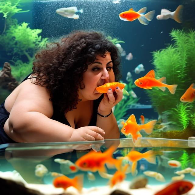 Prompt: chubby greek woman eating goldfish out of aquarium

