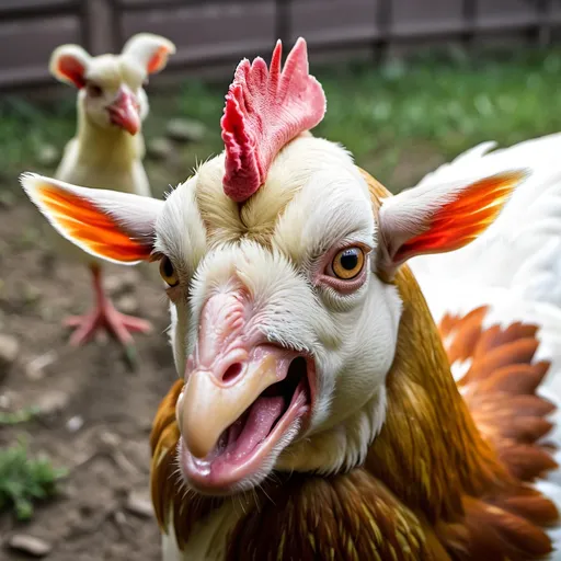 Prompt: una cabra con cabeza de gallina