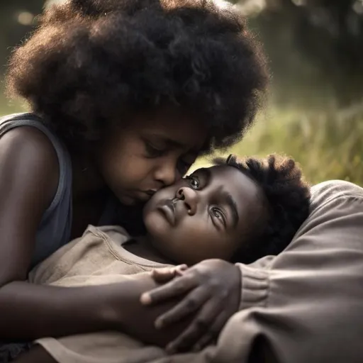 Prompt: A young black girl with big brown eyes and curly hair stands over her father's lifeless body, tears streaming down her dark brown skin. The scene is captured in a hauntingly beautiful, yet heartbreaking, image.

