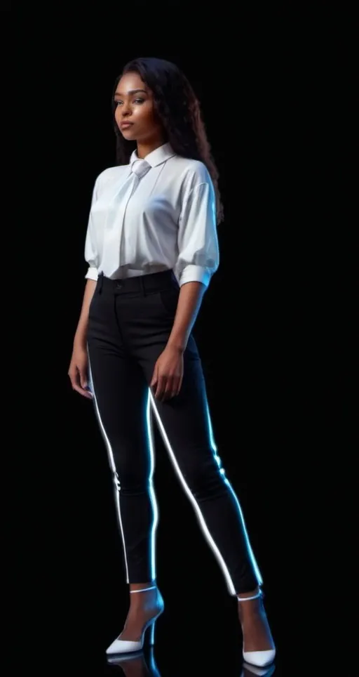 Prompt: (futurism), (hologram), a woman standing confidently in front of a deep black background, wearing a stylish white top and sleek black pants with a tie around her waist, showcasing mesmerizing VFX elements, vibrant and dynamic lighting, emphasizing technological advancements, ultra-detailed, HD quality, strong atmosphere of innovation and creativity.