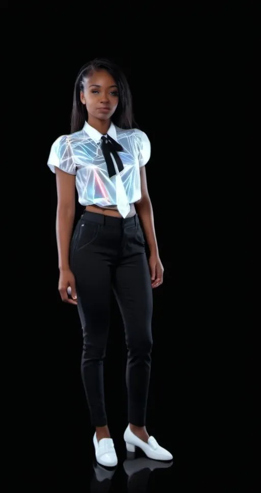 Prompt: (futurism), (hologram), a woman standing confidently in front of a deep black background, wearing a stylish white top and sleek black pants with a tie around her waist, showcasing mesmerizing VFX elements, vibrant and dynamic lighting, emphasizing technological advancements, ultra-detailed, HD quality, strong atmosphere of innovation and creativity.