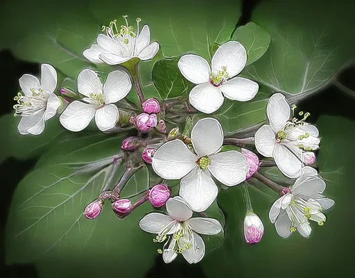 Prompt: a cluster of white flowers with pink centers on a tree branch with green leaves in the background, incoherents, flowers, a macro photograph