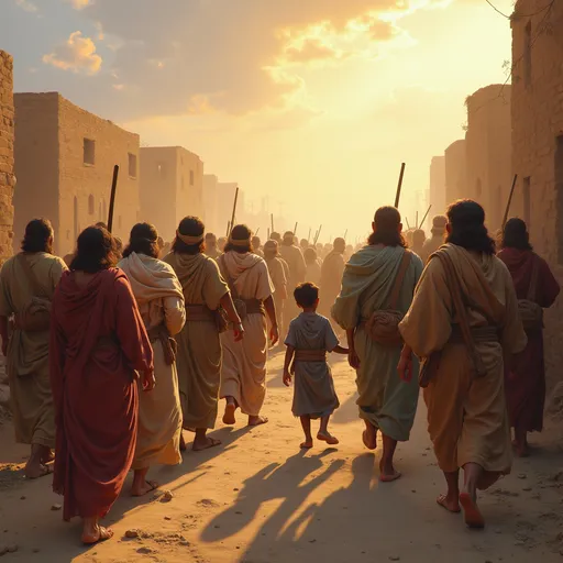 Prompt: The Israelites leave with bundles, children in their hands, looking ahead