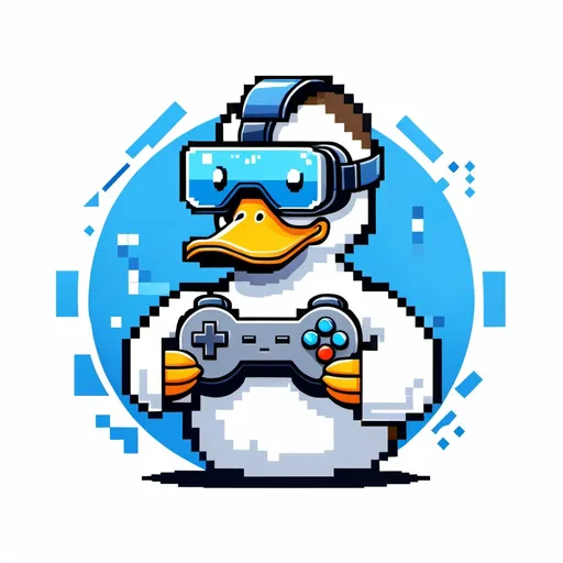 Prompt: A pixel art duck logo in blue and white, wearing a VR headset and holding a controller, with the Steam "Play" button on its chest, playful style, white 
background.