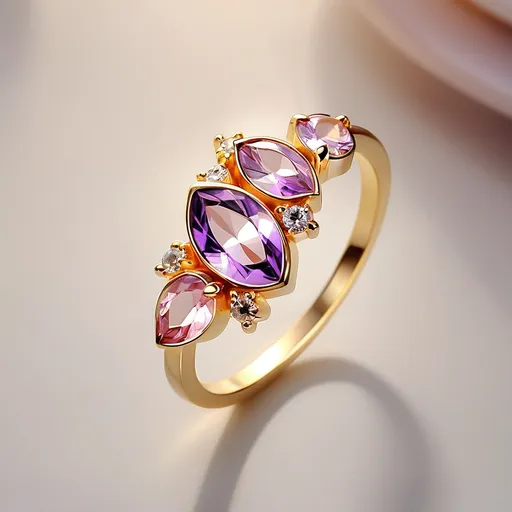 Prompt: (vintage style ring), unique design, 3 small marquise-shaped gems, different sizes, (horizontal axis), colors: soft purple, soft pink, sparkling clear, asymmetrical arrangement, plain narrow gold band, simple and cute, soft lighting, (high quality), atmospheric background providing a warm glow that enhances the elegance of the ring.