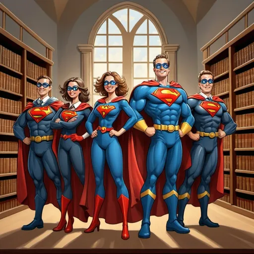 Prompt: A superhero-cartoon themed image where   5  happy  lawyers: three man and two woman . includ "team leader" figure. all are depicted as caped crusaders, modest clothing, with law books as their shields and court gavels as their weapons. A parody of a famous legal painting or statue backgroung.