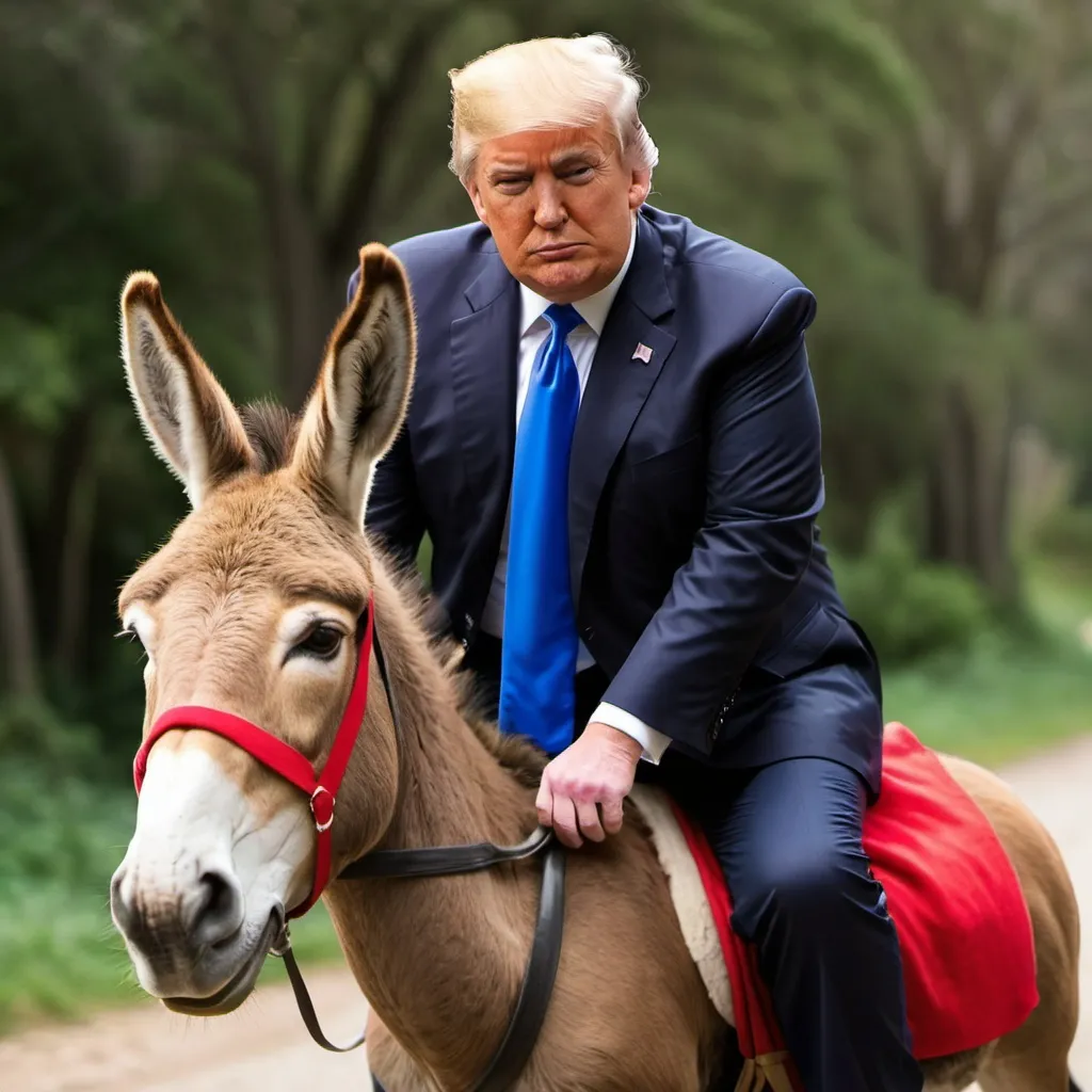 Prompt: Create a photo of Donald J. Trump riding a donkey