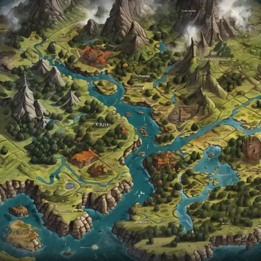 Prompt: (top-down map of a fantasy world), (2D DnD battlemap), highly detailed, extensive landscapes, intricate terrain features, vibrant forests, sprawling towns, winding rivers, majestic mountains, mystical elements, engaging grid layout, eco-friendly vibes, adventure-ready, (20k resolution), (no powers) concept, captivating atmosphere, epic storytelling, fantasy realm exploration, ultra-detailed visuals.