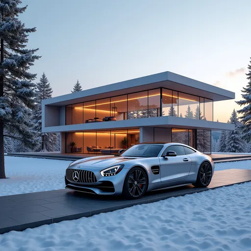 Prompt: contemporary architecture villa, minimal with warm light showing from its glass facades, revealing luxury and creativity in the design. and the a modern mercedes car infront parking with beautiful snow scenery and landscape- evening mood