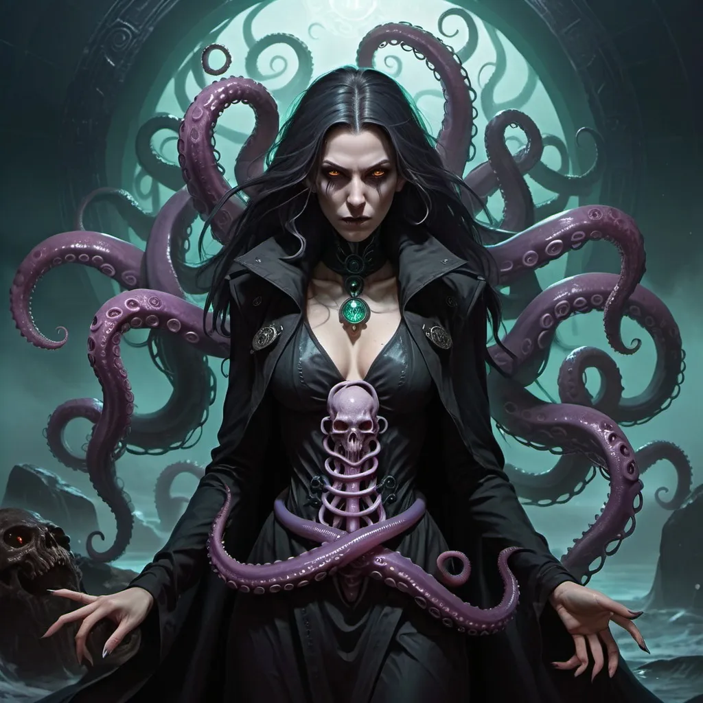 Prompt: Warlock female with powers of her patron of lovecraftian elder gods. Tentacles. Dark clothes. Grim face. Otherworldly beauty. Misty.