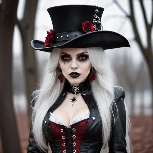 Prompt: Gothic vampire female. long flowing Silver hair. Large vampire fangs. Black leather coat with red laced corset and silk white undershirt. Black and red tricorn hat with skull. Dark gothic jewelry and long earrings. Dark eye liner and dark crimson thick lips. 