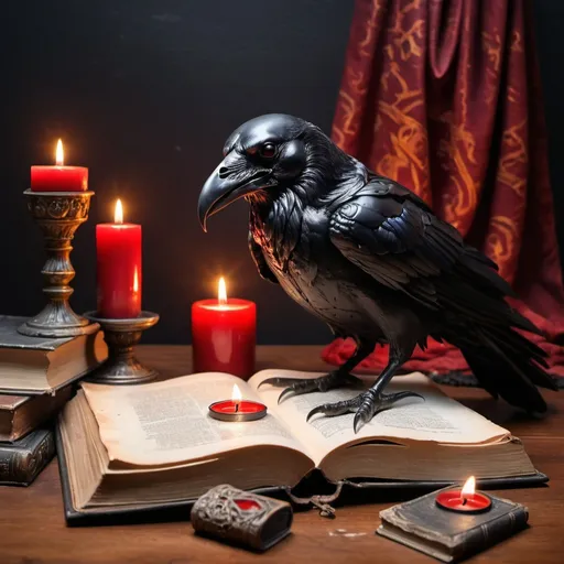 Prompt: Gothic raven skull with lit red candle on top melting over skull. Skull sits on a desk surrounded by old books and dusty tomes. Raven sits on open book with archaic runes