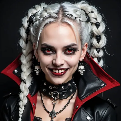 Prompt: Gothic female vampire thief with wild messy braids and silver hair. sly smile with big fangs. wearing leather and skulls and gothic hood. Colors black, red, white in clothes. Add lace. Add huge hooked earrings.  Simple lace choker with skull.