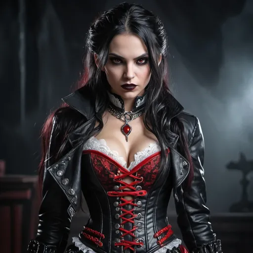 Prompt: Evil vampire female rogue. Long wild messy braided black hair with silver highlights. Dark leather coat with red and silver embelishments and a white corset with red lace.