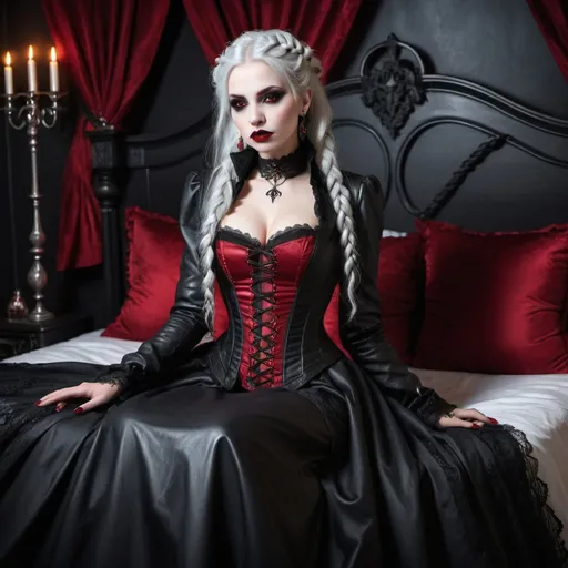 Prompt: Gothic female vampire sitting on large elegant four post bed. Flowing silver hair with small braids. Dark leather coat Overton a long red corset and lace dress. Silver eyes. Thick crimson lips. Dark eyeliner. Elegant lace collar. Long earrings. 