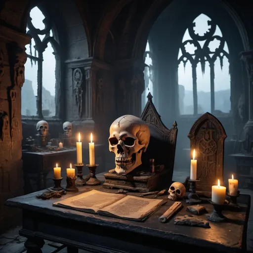 Prompt: Gothic skulls surround ancient desks. One skull is carve with glowing runes and has a candle melting and lit on top of it. Shadowy figures on the deteriorating wall. Mist surrounds scenery.