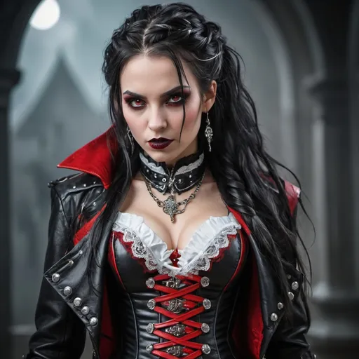 Prompt: Evil vampire female rogue. Long wild messy braided black hair with silver highlights. Dark leather coat with red and silver embelishments and a white corset with red lace.