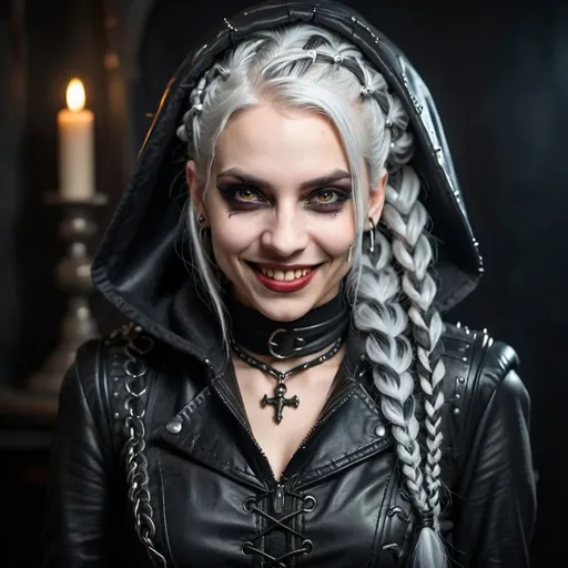 Prompt: Gothic female vampire thief with wild braids and silver hair. sly smile.  wearing leather and skulls and gothic hood