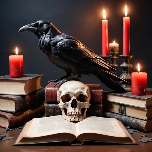 Prompt: Gothic raven skull with lit red candle on top melting over skull. Skull sits on a desk surrounded by old books and dusty tomes. Raven sits on open book with archaic runes