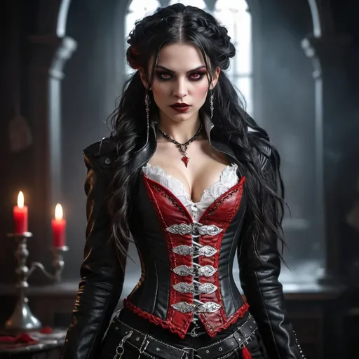 Prompt: Fantasy vampire female thief. Long wild messy braided black hair with silver highlights. Dark leather coat with red and silver embelishments and a white corset with red lace.