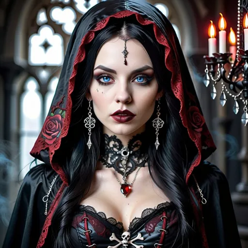 Prompt: Female vampire thief with long silvery black hair, blue-grey eyes with dark eyeliner, and dark crimson lips. She wears a long black lace cloak with laced hood on her head, and a red and white laced corset with charms. Her jewelry is gothic with skulls and her earrings are large gothic hoops. She is beautiful and intense. She has a tattoo of a rose with blood drop on her collarbone. 