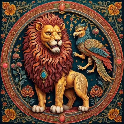 Prompt: Persian style Lion and a Griffin, detailed linework, vibrant colors, high quality, realistic, fantasy, intricate details, ornate patterns, vibrant and warm tones, dramatic lighting