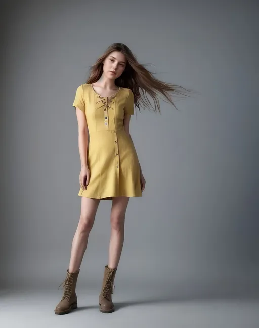 Prompt: A young woman stands confidently in front of a soft blue backdrop, her long, flowing hair caught in a gentle breeze, adding a sense of movement to the scene. She wears a stylish, mustard-yellow ribbed dress with short sleeves and buttons down the front, which hugs her figure while exuding a casual elegance. Her brown lace-up boots ground the look, bringing a touch of warmth and earthiness to the outfit. The lighting is soft and even, accentuating the textures of her dress and creating a serene, almost dreamy atmosphere. This composition conveys a sense of modern femininity, with an effortless blend of style and poise.