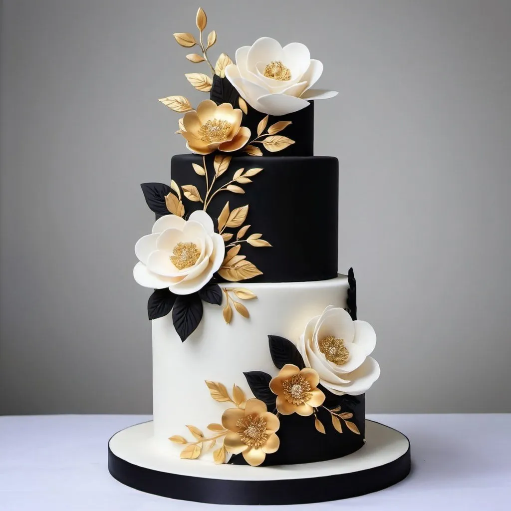 Prompt: You are an expert in wedding cake. Design a unique cake with 2 theme as black white and gold. Make it stand out yet simple. Floral theme with flowers. Make it only 2 layers. White cake with black and gold artworks 