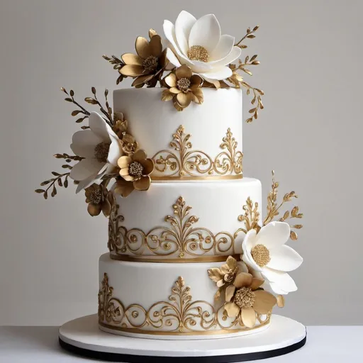 Prompt: Design a 2 tier wedding cake . then is blackl white gold. floral 