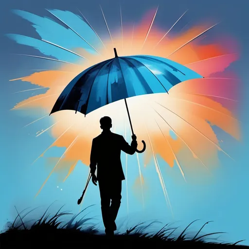 Prompt: silhouette of an umbrella, symbol of hope, strong pole, logo formation, sky blue feel, cool color scheme, vibrant hues blending, fluid brush strokes, ethereal ambiance, dreamlike background, harmonious contrasts, powerful imagery, emotionally resonant, high-quality detail, captivating composition.