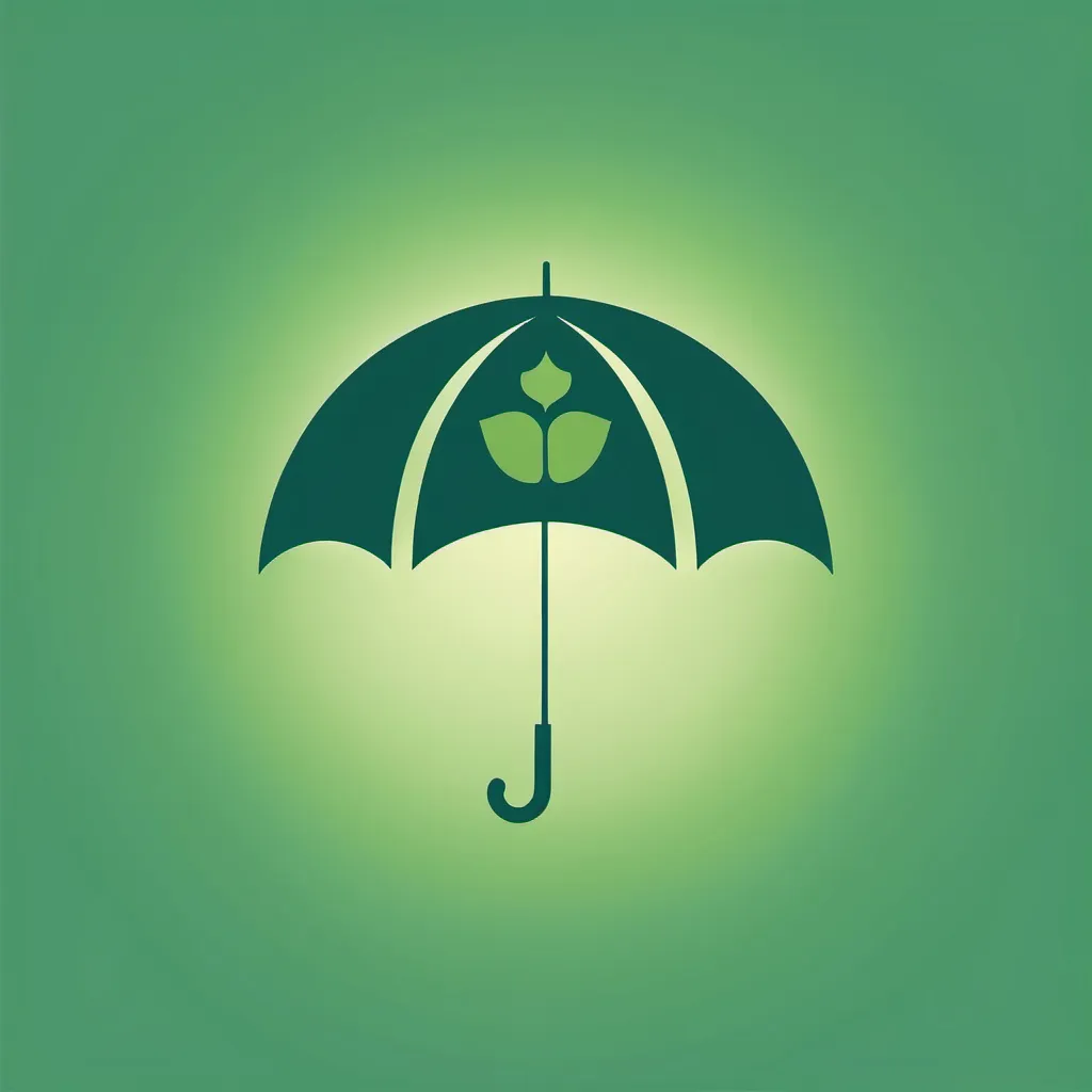 Prompt: Showing a light green feel, inside there is a silhouette of an umbrella under which there is a symbol of hope health, balance, work, green, blue, logo, simple, clear, nature, human،Muslim