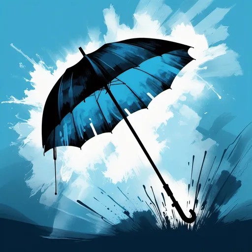 Prompt: (abstract expressionism), silhouette of an umbrella, symbol of hope, strong pole, logo formation, sky blue feel, cool color scheme, vibrant hues blending, fluid brush strokes, ethereal ambiance, dreamlike background, harmonious contrasts, powerful imagery, emotionally resonant, high-quality detail, captivating composition.