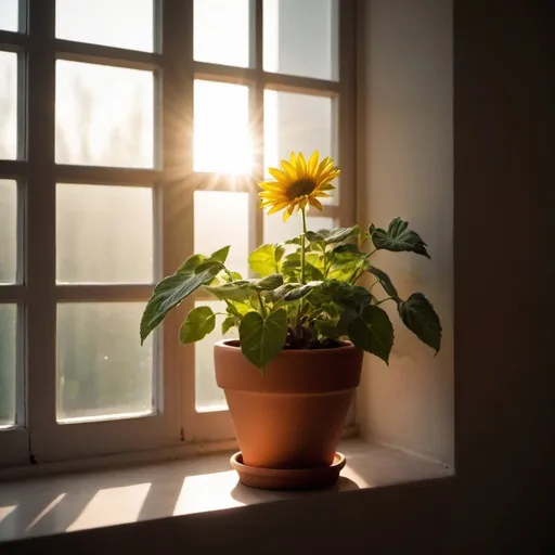 Prompt: A flower pot besides the window with sun rays lighting its leaves