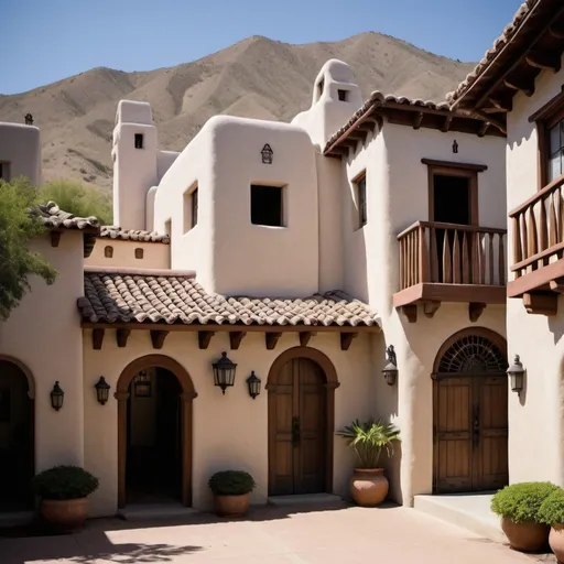 Prompt: A village with Spanish colonial revival architecture influenced by Japanese architecture and pueblo architecture persian influence