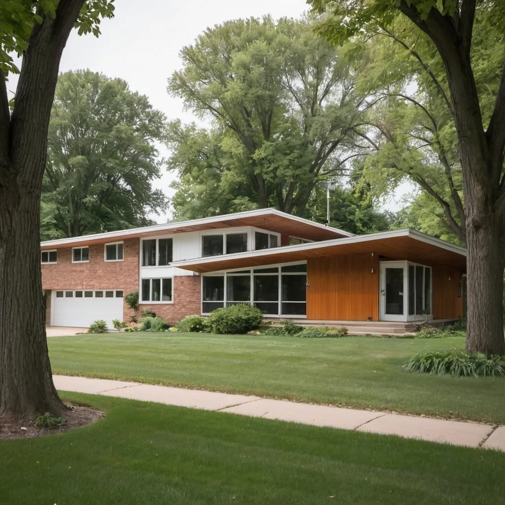 Prompt: A house near the countryside in the rural mid-west town of Normal Illinois.  Make it a newer build, Mid-Century Modern 