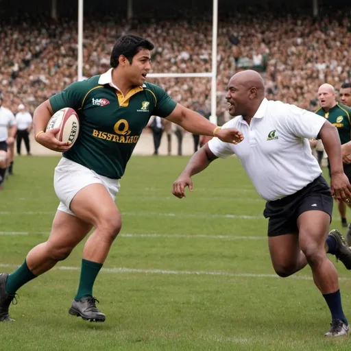 Prompt: A picture with two scenes:
Scene 1: 
Two male rugby players, one light-skinned (A) and one dark-skinned (B), wearing the same colours, running on a rugby field, about two meters apart, passing the ball to each other, being chased down by opposition players, the crowd cheering them on. Only one ball in the picture.
Scene 2: B, in executive corporate suit, shakes hand with A, in chef's attire, at A's bistro.