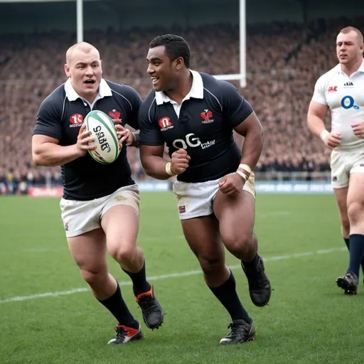 Prompt: Two male rugby players, one light-skinned and one dark-skinned, wearing the same colours, run on a rugby field, passing the ball to each other, the crowd cheering them on. Only one of them has a ball.
