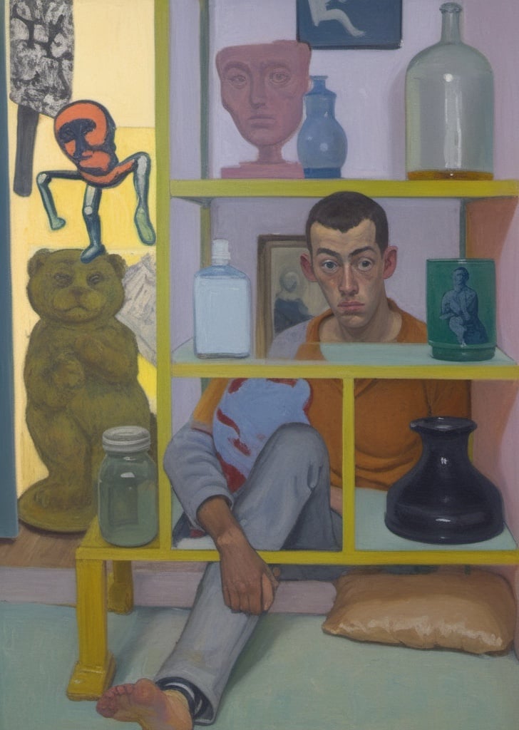 Prompt: A guy sits behind a shelf in his room,  painting by nicole eisenman, Vuillard, neo rauch, matisse, fight in the background, hand in the front