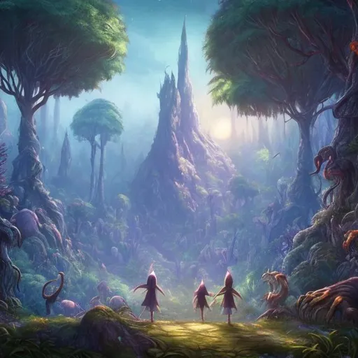 Prompt: fantasy forest background, group of 1 boy and 1 girl, tall trees, weird creatures,4k, wizard tower in the distance 