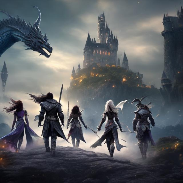 Prompt: male,female,alone,fantasy theme,castle in the back, walking towards a wizard tower. 4k, knights surrounding, dragons flying ,people clapping 