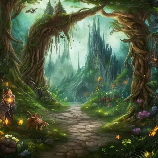 Prompt: fantasy forest background group of 1 boy and 1 girl 