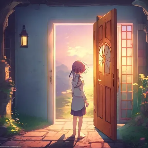 Prompt: a person opening a door and a new world on the other side, anime, 4k, fantasy 