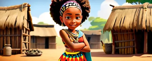 Prompt:  disney pixar style animated image of a determined and beautiful  young african girl  wearing a kente cloth kids, disney style super power standing with mother by  their hut in an african village,   