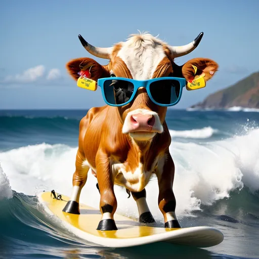 Prompt: a calf that wears sun glasses and surfs the ocean waves