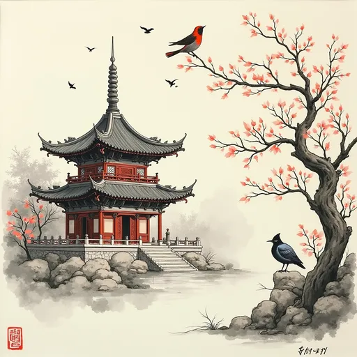 Prompt: chinese ink, temple, birds
