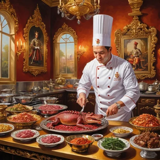 Prompt: King of culinary preparing dinner croc meat dishes for the emperor, oil painting, ornate royal kitchen setting, rich and vibrant color palette, intricate details on atchef's attire, focused and composed demeanor, extravagant feast display, impressive culinary skills, royal ambiance, high quality, oil painting, regal, ornate, vibrant colors, detailed attire, professional lighting