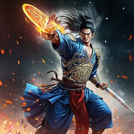 Prompt: Ancient Vietnamese-Southern Chinese Song warrior in wuxia manhua illustration style, detailed traditional armor with intricate patterns, flowing silk robes, ornate weaponry, intense battle stance, dynamic action pose, vibrant and rich color palette, atmospheric lighting, high quality, detailed linework, intense battle scene, fantasy, wuxia, manhua, warrior, traditional armor, ornate weaponry, vibrant colors, dynamic pose, atmospheric lighting, detailed linework