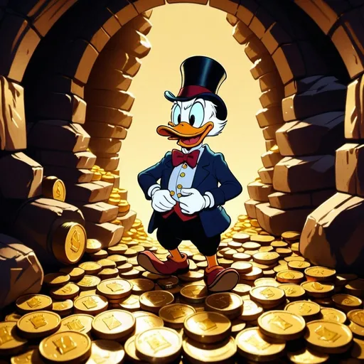 Prompt: Scrooge McDuck and his gold coins mountain in his vault, traditional 2D animation, detailed money bags and coins, rich color palette, warm lighting, classic cartoon style, nostalgic, high quality, vibrant colors, classic animation, detailed facial expressions, traditional animation, rich and warm tones, nostalgic lighting